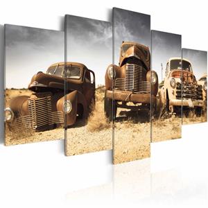 Karo-art Schilderij - Oldtimers, 5 luik, Bruin/Grijs, 2 maten, Premium print op echt Italiaans canvas, in 2 maten, wanddecoratie