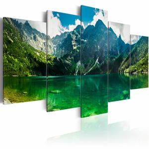 Karo-art Schilderij - In alle rust , berg meer , groen blauw , 5 luik, print op echt Italiaans canvas, prachtig landschap, voor woonkamer en slaapkamer