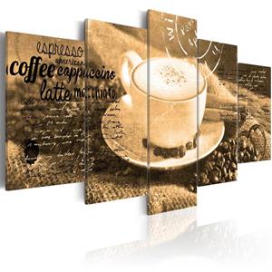 Karo-art Schilderij - Coffee, Espresso, Cappuccino, Latte machiato ... - sepia , 5 luik, print op echt Italiaans canvas