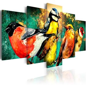 Karo-art Schilderij - Kleurrijke bijeenkomst van Vogels , 5 luik, print op echt Italiaans canvas, Multikleur, sieraad aan de muur