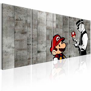 Karo-art Schilderij - Graffiti op Beton - Banksy , mario bros , grijs , politie , 5 luik, print op echt Italiaans canvas, wanddecoratie