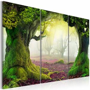 Karo-art Schilderij - Mysterieus Bos, 3luik , groen , premium print op echt Italiaans canvas, wanddecoratie, ook voor kinderkamer