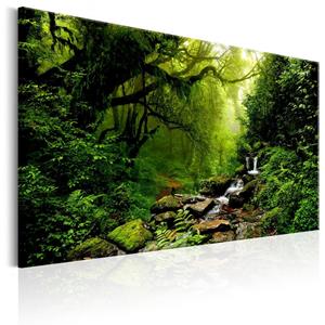 Karo-art Schilderij - Waterval in een Bos, Groen , print op echt Italiaans canvas, Natuur, wanddecoratie in 2 maten