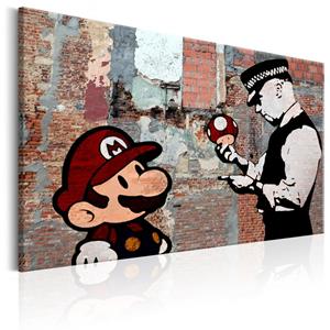 Karo-art Schilderij - Mario en Politieagent op rode muur , Banksy , steenlook, print op echt Italiaans canvas, in 2 maten