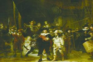 Karo-art Foto Glas Art - Nachtwacht, Rembrandt van Rijn 1642, 120x80cm, prachtig voor in woon en of slaapkamer, inclusief ophang materiaal