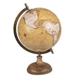 Clayre & Eef Wereldbol Decoratie 22*22*37 Cm Geel Bruin Hout Ijzer Rond Globe Aardbol Geel Globe Aardbol