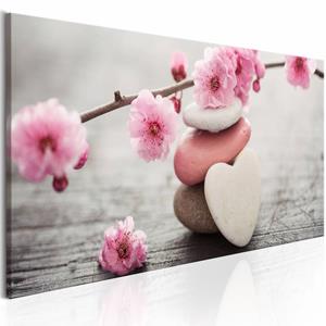 Karo-art Schilderij - Zen: Cherry Blossoms, stenen en bloemen, print op echt Italiaans canvas, Inspiratie, voor woonkamer, slaapkamer en praktijkruimte