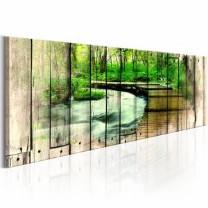 Karo-art Schilderij - Herinneringen aan het bos , groen bruin , hout look, print op echt Italiaans canvas, in 3 maten, wanddecoratie