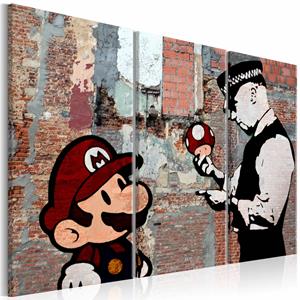 Karo-art Schilderij - Banksy: Waarschuwing , mario bros , rode muur , 3 luik, print op echt Italiaans canvas, wanddecoratie, in 2 maten