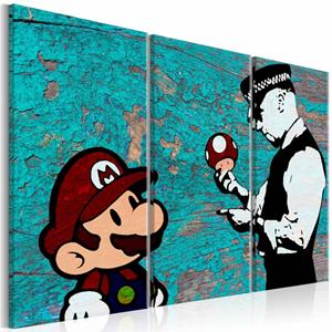 Karo-art Schilderij - Banksy: Gebarsten verf , mario bros , blauwe muur , 3 luik, print op echt Italiaans canvas, wanddecoratie