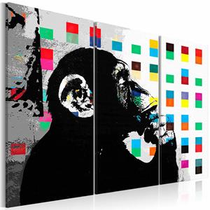 Karo-art Schilderij - De denkende Aap - Banksy , 3 luik , multikleur, print op echt Italiaans canvas, wanddecoratie, 2 maten