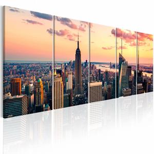 Karo-art Schilderij - Prachtige Zonsondergang - New York , oranje , 5 luik, print op echt Italiaans canvas, 2 maten, ook XXL, wanddecoratie