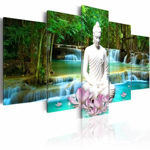 Karo-art Schilderij - Zen Waterval , boeddha , blauw groen , 5 luik, print op echt Italiaans canvas, 2 maten, wanddecoratie