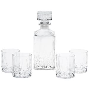 Merkloos Glazen whisky/water karaf set 900 ml met 4 glazen 230 ml - Kristalglas look whiskey fles - Whiskykaraf/whiskyfles met structuur in glas