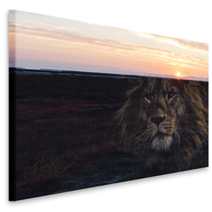 Karo-art Schilderij - Leeuw en zonsondergang, prachtig schilderij in 2 beelden, voor woonkamer en slaapkamer, 2 maten, dieren