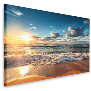 Karo-art Schilderij - Zonsondergang op het strand II, zicht op de Noordzee, premium print in 2 maten, wanddecoratie, snel in huis