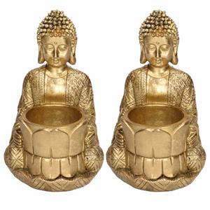 2x Decoratie Boeddha Beeldjes Met Theelichthouder Goud Zittend 14 Cm - Waxinelichtjeshouders