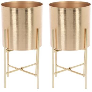 ℃Excellent houseware Set Van 2x Stuks Plantenpot Goud Kleurig Op Metalen Standaard - 30 Cm Hoogte - Plantenpotten