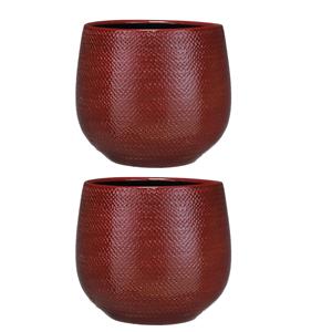 Mica Decorations Set Van 2x Stuks Bloempotten Bordeaux Rood Ribbels Keramiek Voor Kamerplant H20 X D25 Cm - Plantenpotten