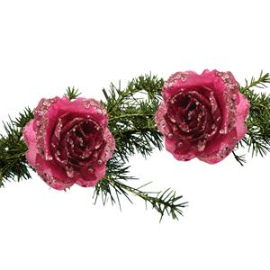 Bellatio 2x Stuks Kerstboom Decoratie Bloemen Framboos Roze Glitter Op Clip 14 Cm - Kunstbloemen