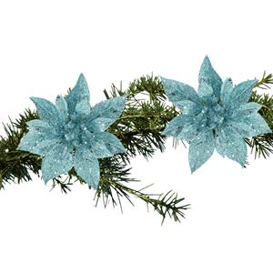 Cosy and Trendy 2x Stuks Kerstboom Decoratie Bloemen Ijsblauw Glitter Op Clip 15 Cm - Kunstbloemen