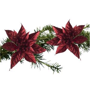 Cosy and Trendy 2x Stuks Kerstboom Bloemen Kerstster Rood Glitter Op Clip 15 Cm - Kunstbloemen