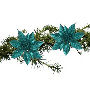 Cosy and Trendy 2x Stuks Kerstboom Bloemen Op Clip Emerald Groen Glitter 15 Cm - Kunstbloemen