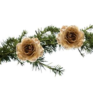Bellatio 2x Stuks Kerstboom Bloemen Op Clip Goud Glitter 14 Cm - Kunstbloemen