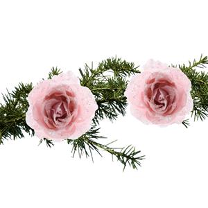 Decoris 2x Stuks Kerstboom Bloemen/rozen Op Clip Poeder Roze 14 Cm - Kunstbloemen
