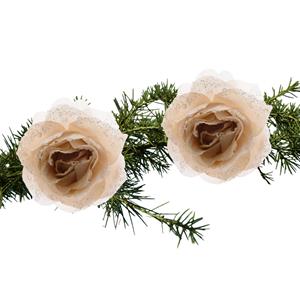 Bellatio 2x Stuks Kerstboom Decoratie Bloemen Op Clip Roos Creme 14 Cm - Kunstbloemen