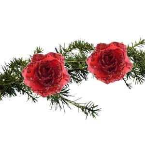 Decoris 2x Stuks Kerstversiering Glitter Bloemen/rozen Met Clip Rood 14 Cm - Kunstbloemen