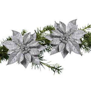 Cosy and Trendy 2x Stuks Kerstboom Bloemen Op Clip Zilveren Kerstster 18 Cm - Kunstbloemen