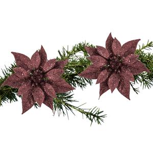 Cosy and Trendy 2x Stuks Kerstboom Decoratie Bloemen Donkerrood Glitter Op Clip 18 Cm - Kunstbloemen