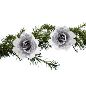 Cosy and Trendy 2x Stuks Kerstboom Bloemen Op Clip Zilver/wit En Besneeuwd 18 Cm - Kunstbloemen