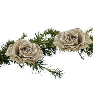 Cosy and Trendy 2x Stuks Kerstboom Bloemen Roos Champagne Glitter Op Clip 10 Cm - Kunstbloemen