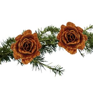 Cosy and Trendy 2x Stuks Kerstboom Bloemen Roos Koper Glitter Op Clip 10 Cm - Kunstbloemen