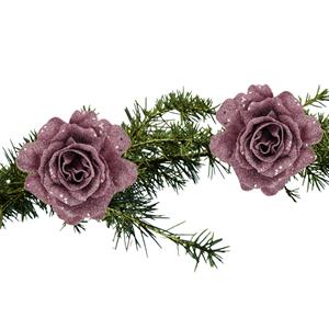 Cosy and Trendy 2x Stuks Kerstboom Bloemen Roos Roze Glitter Op Clip 10 Cm - Kunstbloemen