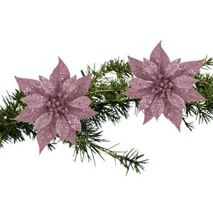 Cosy and Trendy 2x Stuks Kerstboom Decoratie Bloemen Roze Glitter Op Clip 18 Cm - Kunstbloemen