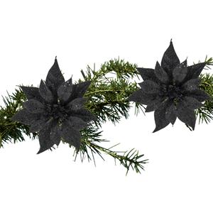 Cosy and Trendy 2x Stuks Kerstboom Decoratie Bloemen Zwart Glitter Op Clip 18 Cm - Kunstbloemen