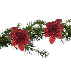 Cosy and Trendy 2x Stuks Kerstboom Bloemen Op Clip Rode Glitter Roos 15 Cm - Kunstbloemen