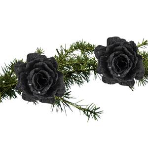 Cosy and Trendy 2x Stuks Kerstboom Decoratie Bloemen Roos Zwart Glitter Op Clip 10 Cm - Kunstbloemen