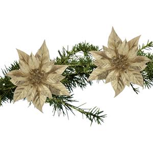 Cosy and Trendy 2x Stuks Kerstboom Decoratie Bloemen Kerstster Goud Glitter Op Clip 18 Cm - Kunstbloemen