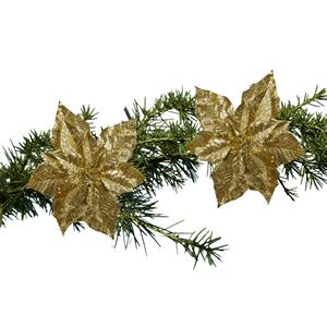 Decoris 2x Stuks Kerstboom Decoratie Bloemen Goud Glitter Op Clip 23 Cm - Kunstbloemen