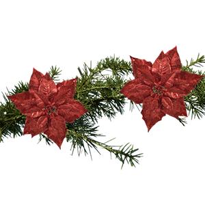 Decoris 2x Stuks Kerstboom Decoratie Bloemen Rood Glitter Op Clip 23 Cm - Kunstbloemen