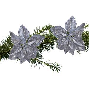 Decoris 2x Stuks Kerstboom Decoratie Bloemen Zilver Glitter Op Clip 23 Cm - Kunstbloemen