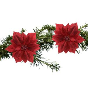 Decoris 2x Stuks Kerstboom Decoratie Bloemen Rood Glitter Op Clip 24 Cm - Kunstbloemen