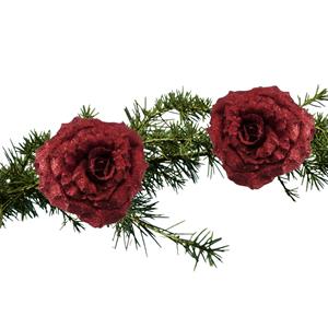 Cosy and Trendy 2x Stuks Kerstboomversiering Bloem Op Clip Rode Glitter Roos 18 Cm - Kunstbloemen