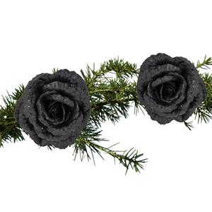 Cosy and Trendy 2x Stuks Kerstboom Bloemen Op Clip Zwart Glitter 18 Cm - Kunstbloemen