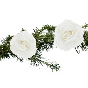Cosy and Trendy 2x Stuks Kerstboom Decoratie Bloemen Roos Wit Glitter Op Clip 18 Cm - Kunstbloemen