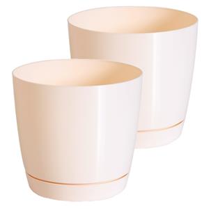 Prosperplast Set van 2x stuks plantenpotten/bloempotten kunststof rond glanzend creme/beige dia 28 x hoogte 26 cm voor binnen/buiten